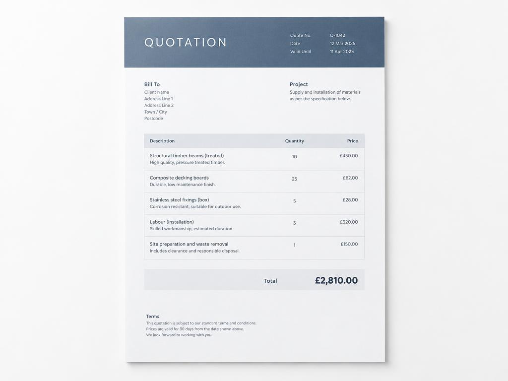 A printed itemised quotation sheet with prices and a total