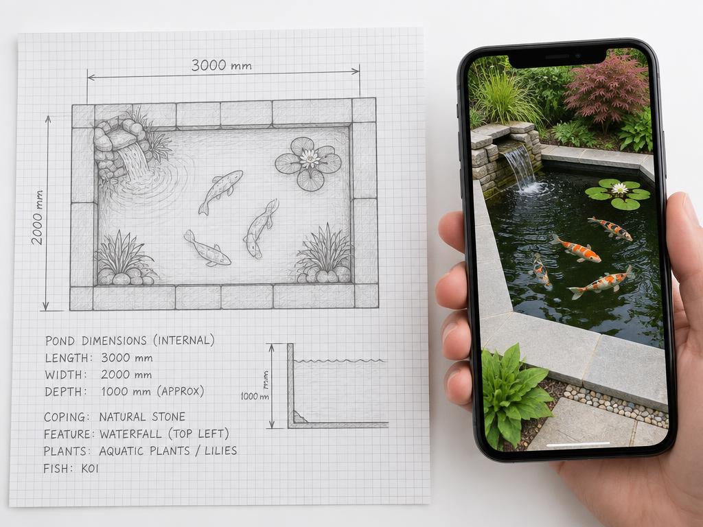 A hand-drawn pond sketch with dimensions beside a phone showing a photo of a koi pond