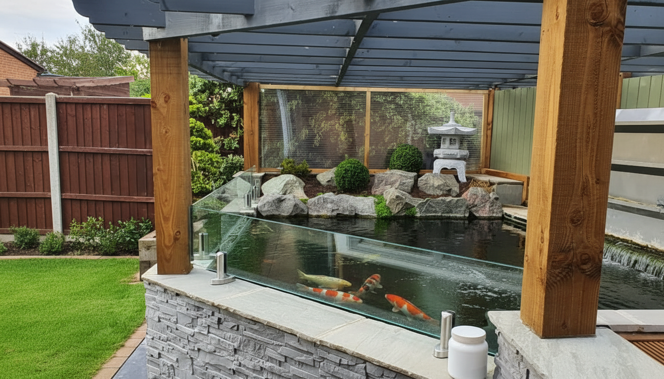 Glass pond guard on a pond with a pergola