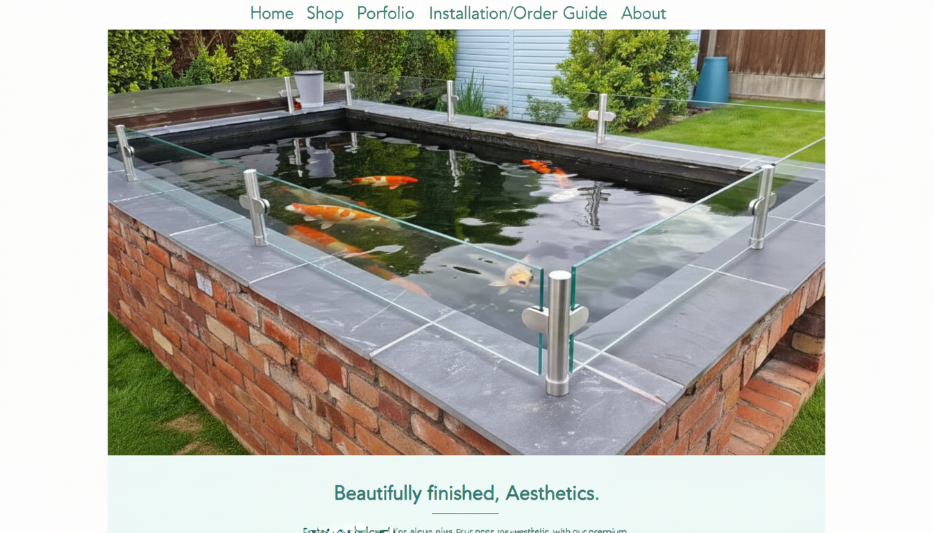 Glass koi jump guard system installed around a koi pond showing crystal-clear visibility