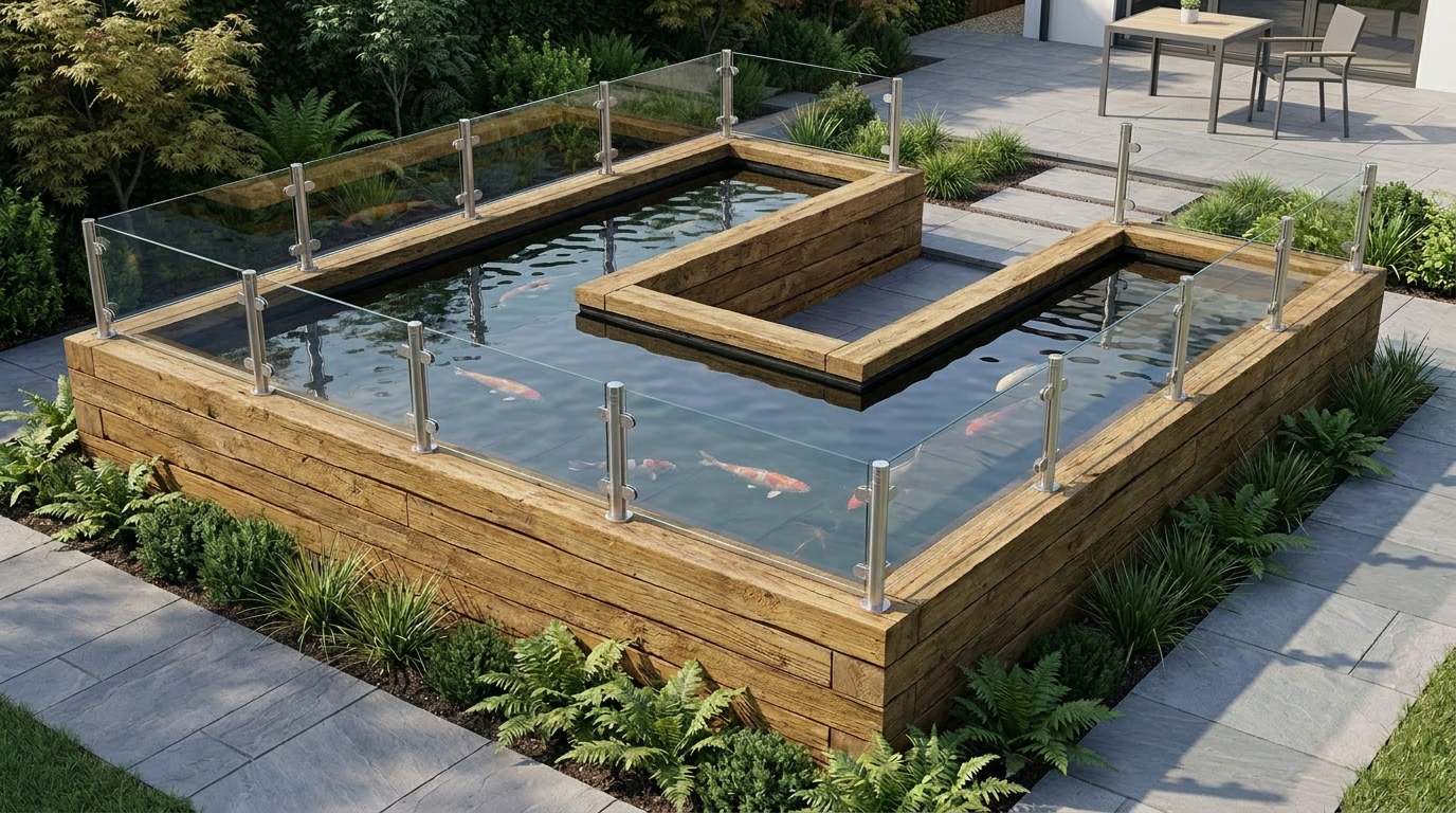 Custom height posts and glass specified by the customer on a timber raised koi pond
