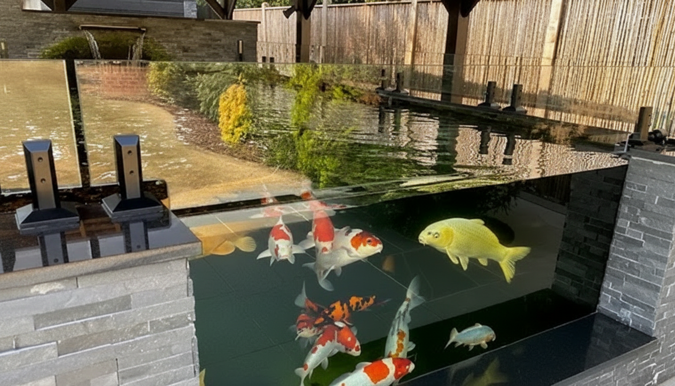 Koi pond with viewing window and jump guard