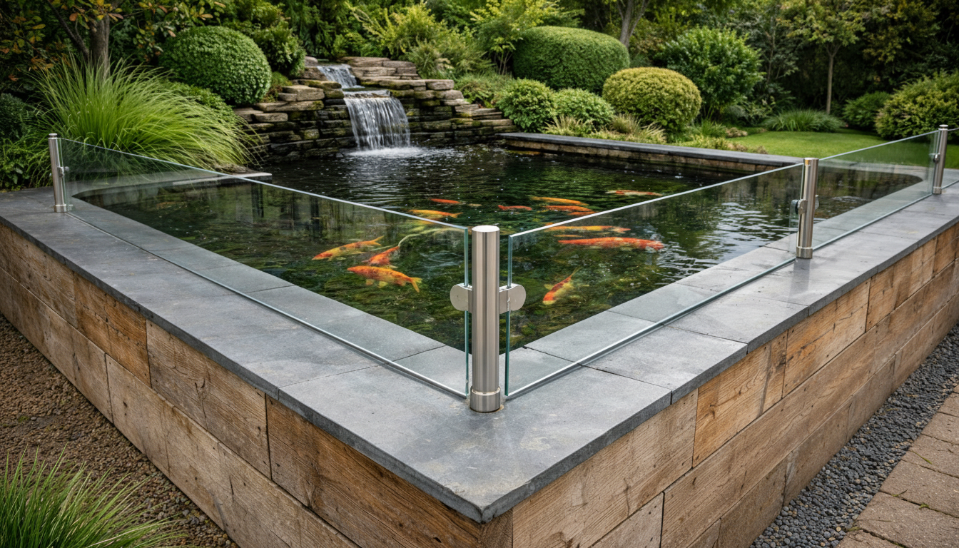 Raised koi pond with glass jump guard and waterfall feature