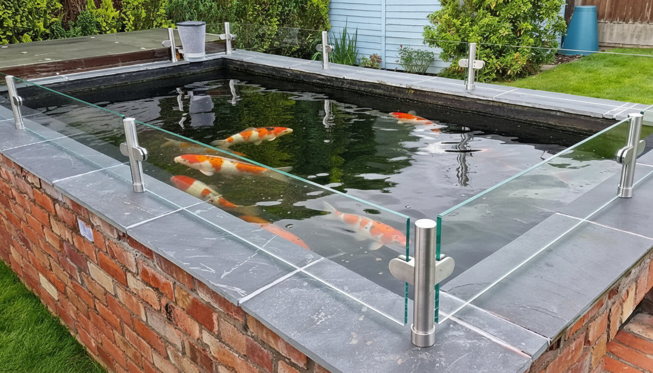 Glass koi jump guard installed around a koi pond to deter herons