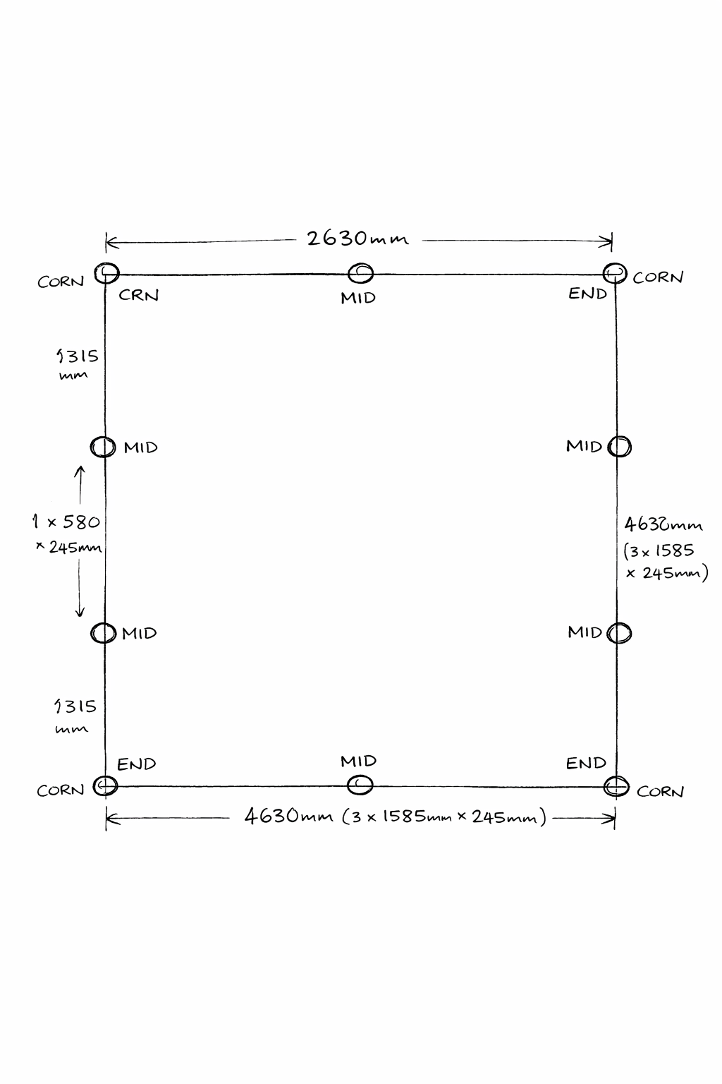 Plan your post layout showing corner, mid, and end post positions around a koi pond